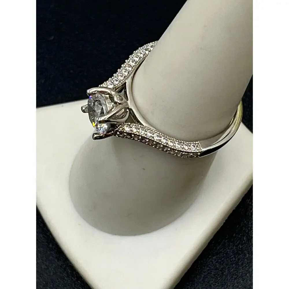 925 Sterling Silver Cathedral Solitaire Ring‎ 7mm Round CZ Pavé Accents Size 8
